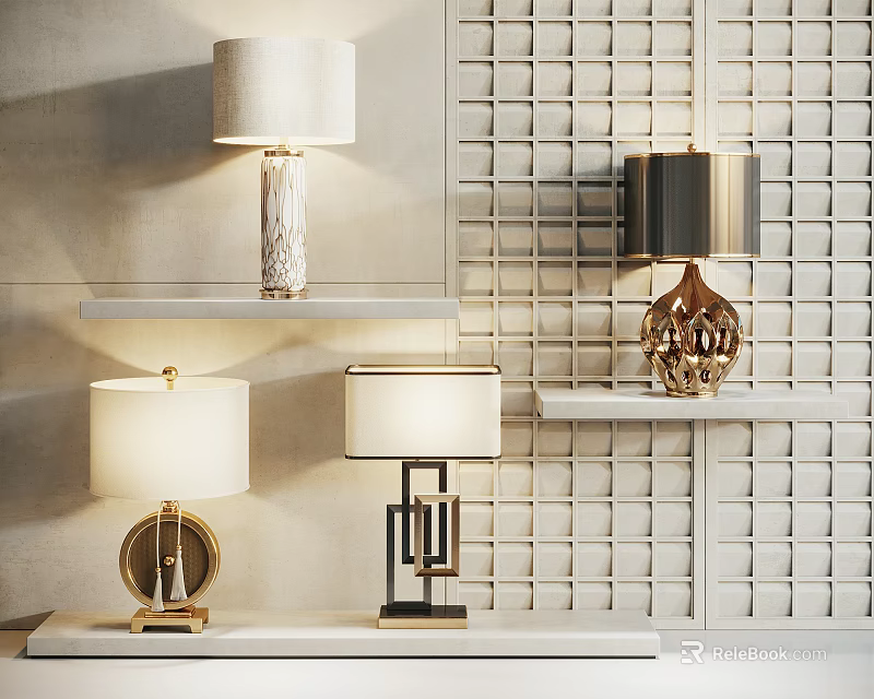 Modern Table Lamps With Metal Bases And Shades Displayed On Shelves Against Grid Wall 3d model 