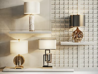 Modern Table Lamps With Metal Bases And Shades Displayed On Shelves Against Grid Wall 3d model