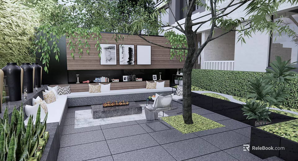 Stylish Courtyard Garden Design With Outdoor Sofa Fire Pit Tree And Green Hedge 3d model 