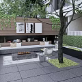 Stylish Courtyard Garden Design With Outdoor Sofa Fire Pit Tree And Green Hedge