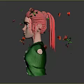 3D Female Character With Pink Hair Green Outfit And Floating Red Roses Petals