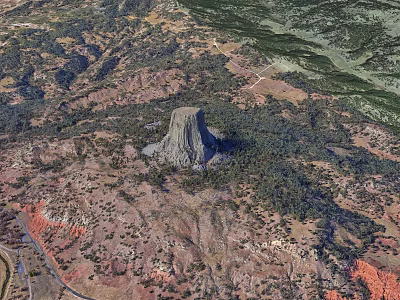 Natural Garden Landscape Featuring Devils Tower Aerial View Surrounding Hills and Lush Vegetation 3d model