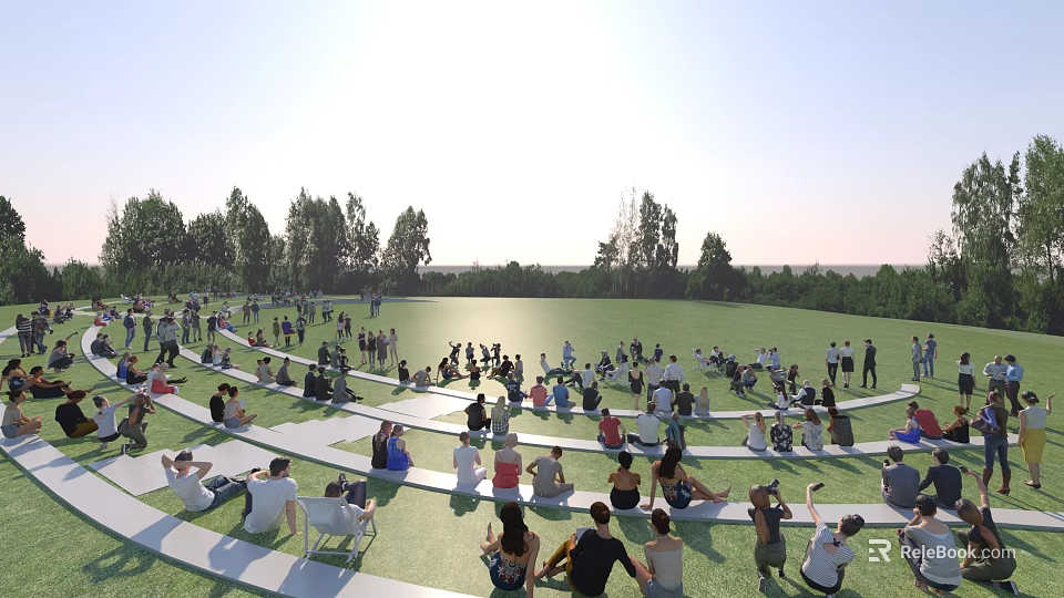 Group of People Enjoying Outdoor Gathering On Green Grass With Trees And Sunshine 3d model 