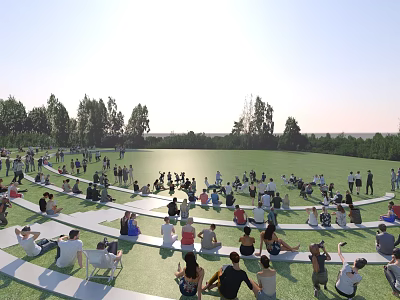 Group of People Enjoying Outdoor Gathering On Green Grass With Trees And Sunshine 3d model
