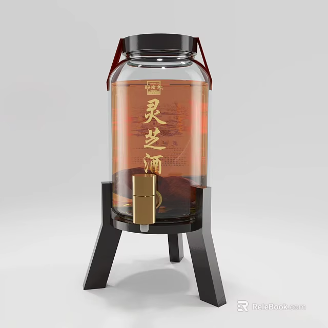 Reishi Wine Glass Bottle with Red Strap and Black Stand Featuring Traditional Chinese Design 3d model 