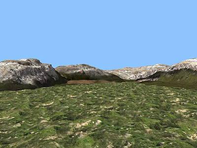 Natural Mountain Landscape With Stone Formations And Wooden Elements Under Blue Sky 3d model