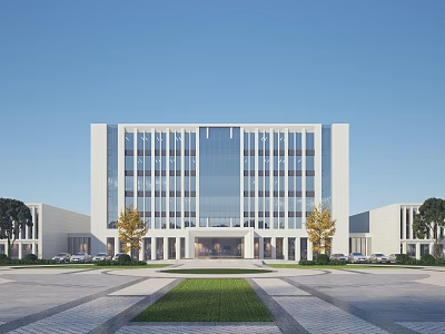 Modern Office Building With White Exterior Glass Curtain Wall Front Lawn Plaza And Autumn Trees 3d model