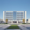 Modern Office Building With White Exterior Glass Curtain Wall Front Lawn Plaza And Autumn Trees