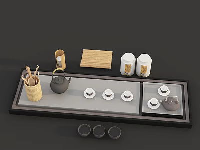 Traditional Tea Set with Teapot Cups Caddies Bamboo Mat and Wooden Tray 3d model