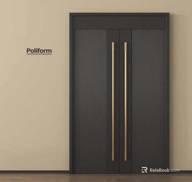 Poliform Black Double Doors With Vertical Stripes And Gold Long Handles Against Beige Wall 3d model 