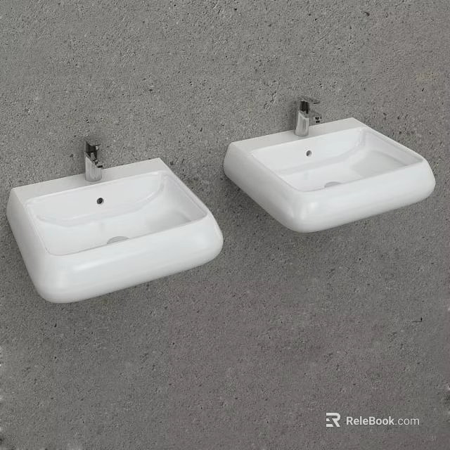 Two White Wall Mounted Washbasins Against Grey Concrete Wall With Faucets 3d model 