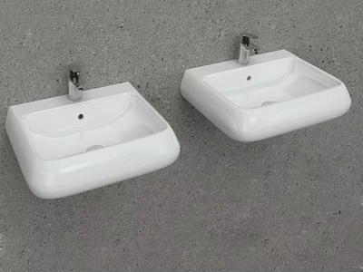 Two White Wall Mounted Washbasins Against Grey Concrete Wall With Faucets 3d model
