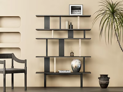 Modern Bookshelf with Beige Wall Black Chair Palm Plant and Decorative Vase Candles Books 3d model