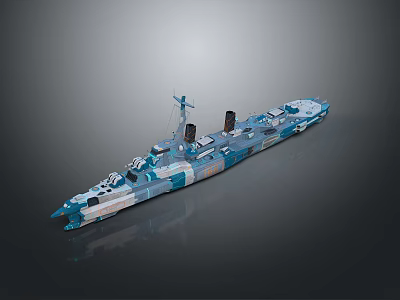 Detailed Blue And White Camouflage Warship Model With Deck Bridge And Chimney 3d model
