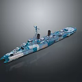 Detailed Blue And White Camouflage Warship Model With Deck Bridge And Chimney
