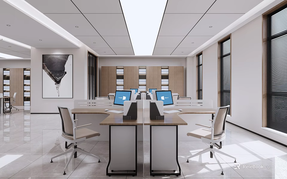 Modern Public Office Workspace Interior With Desks Computers And Natural Light 3d model