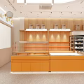 Modern Dessert Shop Interior With Orange Counter Wooden Shelves And Glass Display Cases