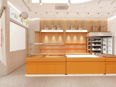 Modern Dessert Shop Interior With Orange Counter Wooden Shelves And Glass Display Cases 3d model