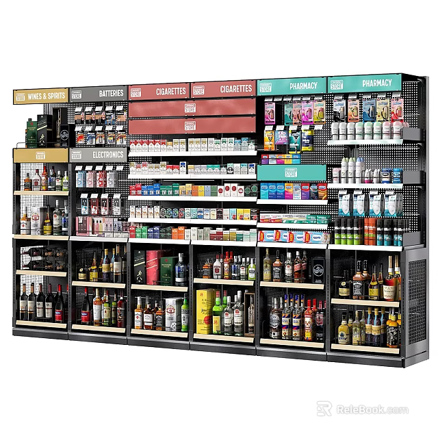 Retail Display Shelves with Multiple Layers of Assorted Bottled and Canned Goods 3d model 