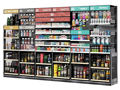 Retail Display Shelves with Multiple Layers of Assorted Bottled and Canned Goods 3d model