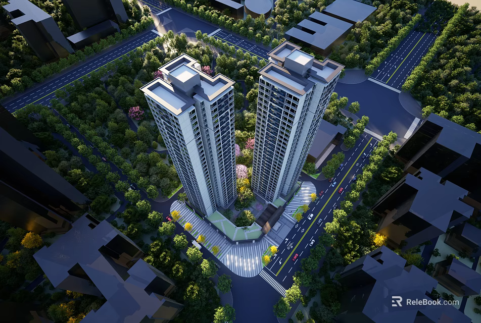 Modern Birds Eye View Planning of High Rise Residential Buildings with Greenery and Roads 3d model 