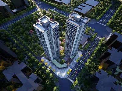 Modern Birds Eye View Planning of High Rise Residential Buildings with Greenery and Roads 3d model