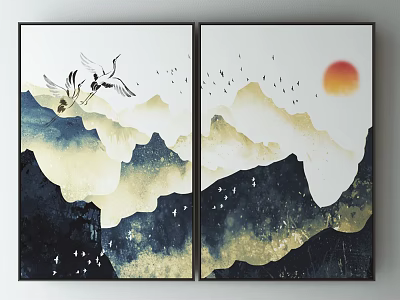 Ink Style Two Panel Landscape Painting With Mountains Sun And Flying Birds 3d model