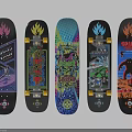 Various Vibrant Skateboards With Flame Designs Colorful Artwork And Monster Illustrations