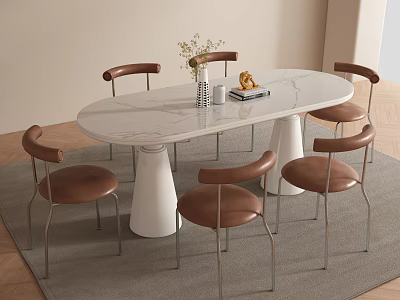 Modern Dining Table Set With Marble Tabletop Brown Chairs White Pedestal Legs And Flower Vase 3d model