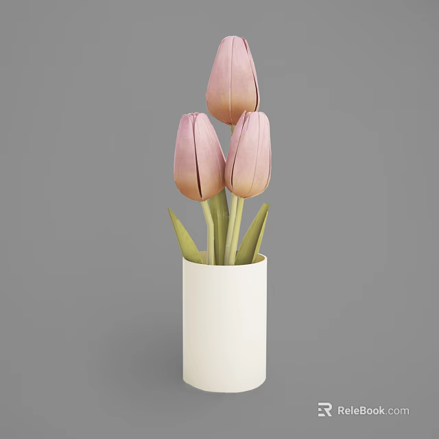 Elegant White Cylindrical Vase With Three Pink Tulips On Gray Background 3d model 