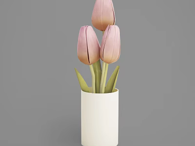 Elegant White Cylindrical Vase With Three Pink Tulips On Gray Background 3d model