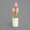 Elegant White Cylindrical Vase With Three Pink Tulips On Gray Background