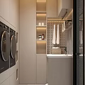 Modern Laundry Room Interior With Washing Machine Dryer Storage Cabinets And Polka Dot Tiled Wall