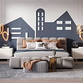Modern Kids Room Interior Design With Bed City Wall Decor Lighting And Soft Rug