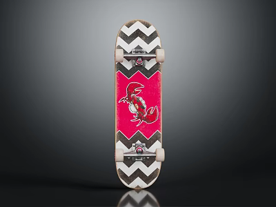 Stylish Skateboard With Black White Chevron Pattern Pink Background And Red Koi Fish 3d model