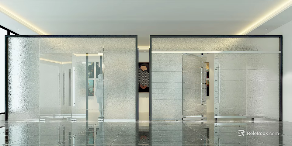 Modern Interior Design With Glass Partitions Sleek Flooring And Artwork 3d model