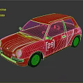 Red Small Car with White Stripes 129 Logo on Door and Pink Wheels