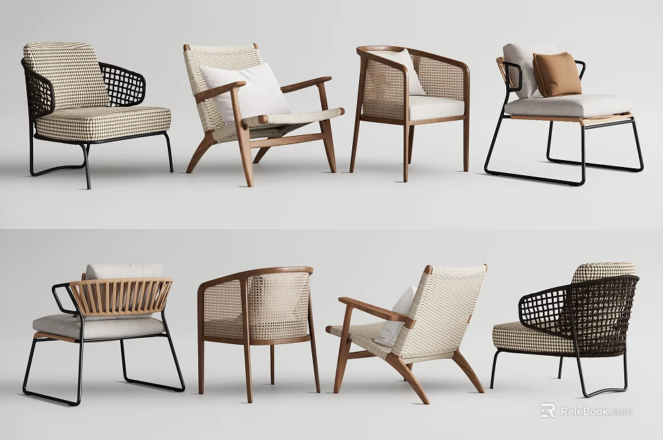 Modern Leisure Chairs With Various Designs Wooden Frames And Wicker Details For Home Decor 3d model 