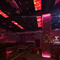 Modern Bar Interior with Neon Lights Stage Screens and Seating Area