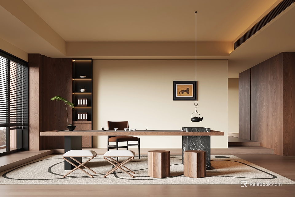 Traditional Tea Room Interior With Wooden Tea Table Tea Set Hanging Lamp And Decorative Painting 3d model 