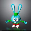 Cartoon Turquoise Rabbit with Large Ears Green Cap Red Shoes Cheerful Expression And Outstretched Arms