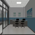 Hospital Waiting Area With Blue Chairs White Light Blue Walls Glass Windows And Ceiling Lights