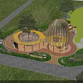 Kids Play Area With Wooden Dome Structure Circular Platform And Green Lawn Surrounded By Trees