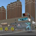 Modern Urban Commercial Street Landscape With Tall Buildings Green Roof Plaza Trees And Vehicles