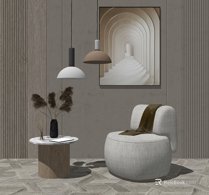 Light Gray Upholstered Single Sofa With Brown Throw Blanket Marble Side Table And Archway Art 3d model 