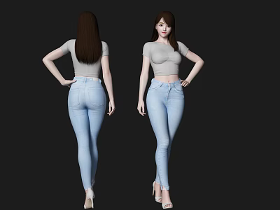 Woman in Gray Top Light Blue Jeans Standing with Hands on Hips and High Heels 3d model