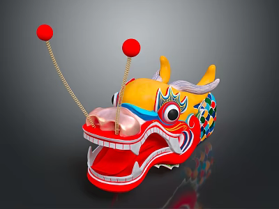 Traditional Dragon Head Decoration With Yellow Body Open Mouth Red Balls And Colorful Patterns 3d model