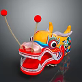 Traditional Dragon Head Decoration With Yellow Body Open Mouth Red Balls And Colorful Patterns