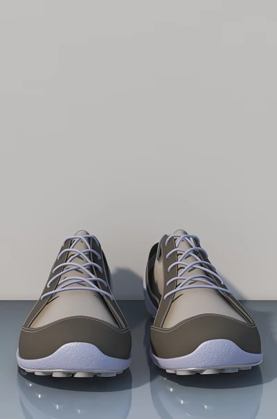 Gray And White Spiked Sole Sports Shoes On Gray Floor With Light Gray Wall 3d model