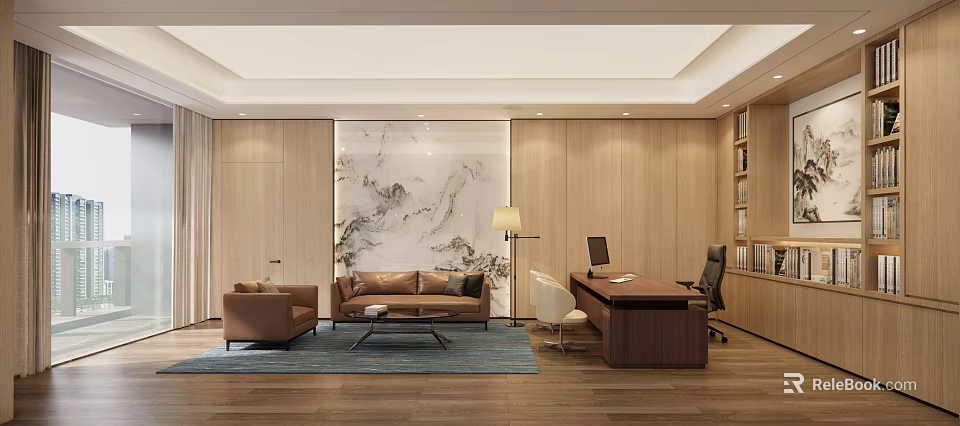 Modern Office Interior Design With Sofa Desk Computer Landscape Painting And Wooden Walls 3d model 